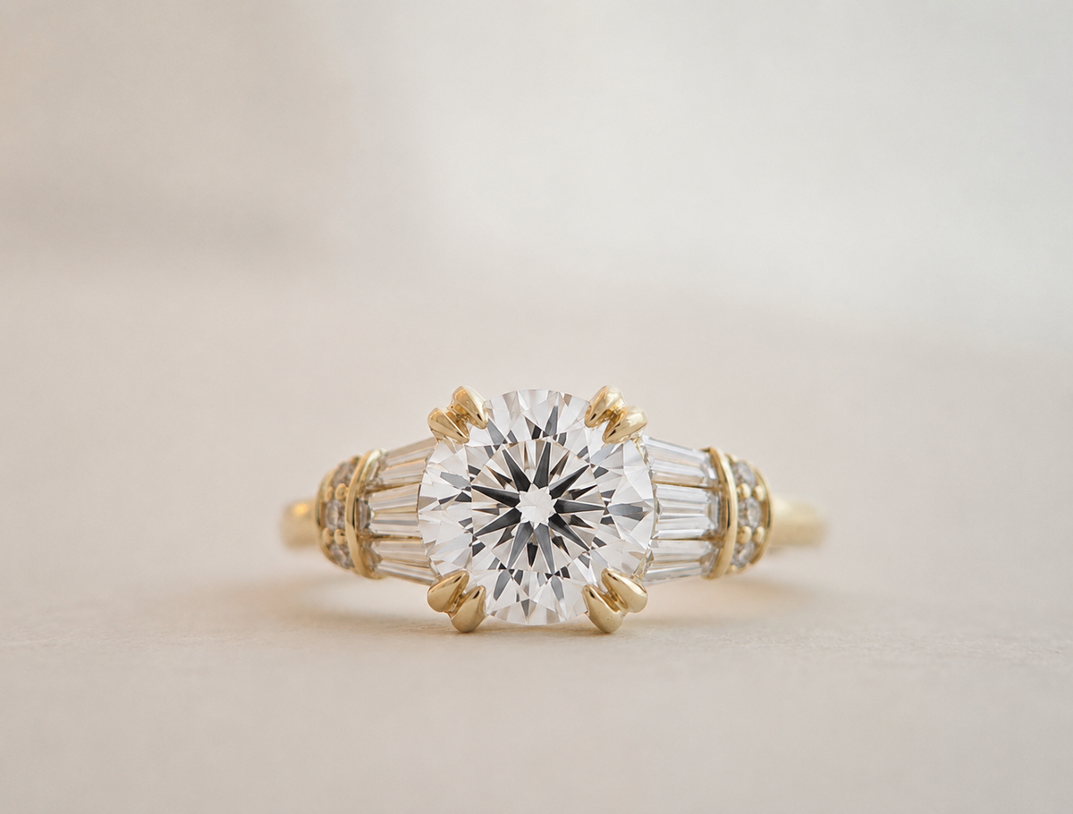Front view of The Amelia Brilliant with a round brilliant-cut lab-grown center diamond and tapered baguette side stones in yellow gold.