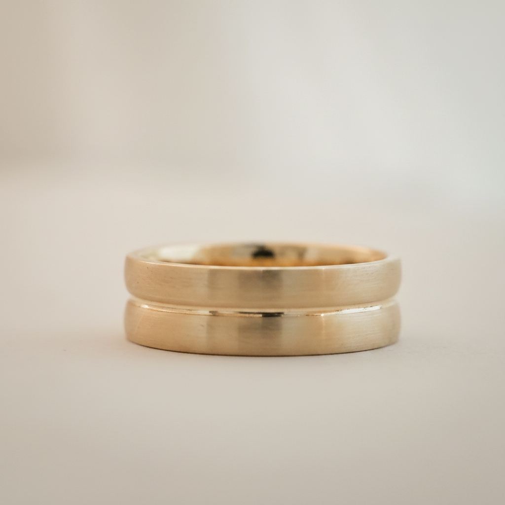 Front view of The Bogart in yellow gold, featuring flat edges and a central recessed groove.